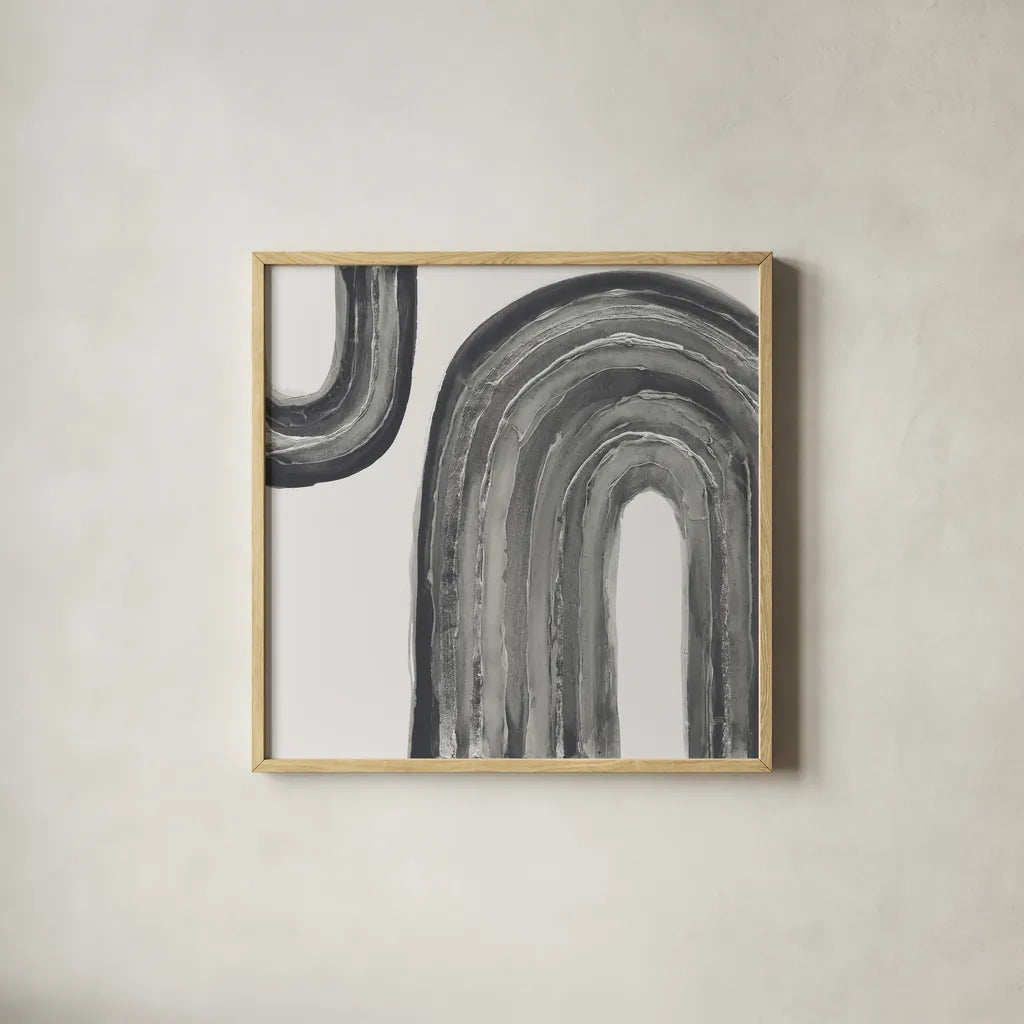 Gray Rainbow I by Chris Paschke. Shown in a natural wood glass frame for a timeless modern aesthetic. Available as an archival giclee rolled canvas, fine art paper, or poster print. SKU 69556a.