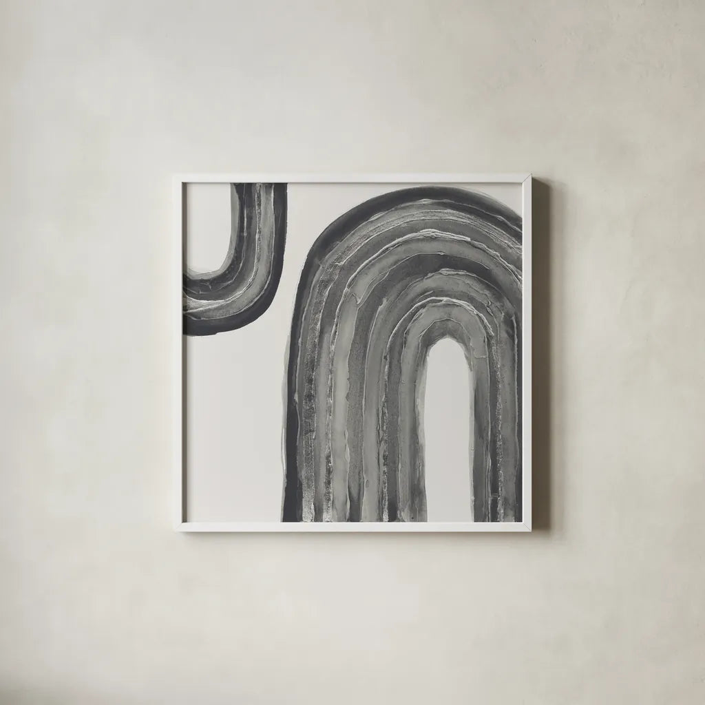 Gray Rainbow I by Chris Paschke. Shown in a crisp white glass frame for a clean and minimalist style. Available as an archival giclee rolled canvas, fine art paper, or poster print. SKU 69556a.