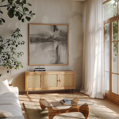 Gray Tones II by Chris Paschke. Shown in a natural wood frame in a cozy modern living room. Available as an archival giclee rolled canvas, fine art paper, or poster print. SKU 44979a.