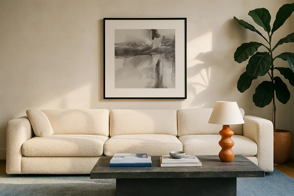 Gray Tones II by Chris Paschke. Displayed in a glass frame with matte in a clean modern living room. Available as an archival giclee rolled canvas, fine art paper, or poster print. SKU 44979a.