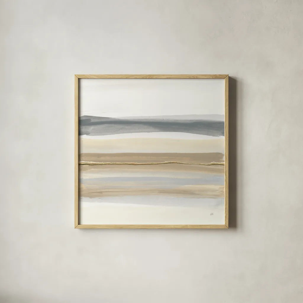 Gray and Sand I by Chris Paschke. Shown in a natural wood glass frame for a timeless modern aesthetic. Available as an archival giclee rolled canvas, fine art paper, or poster print. SKU 75443a.