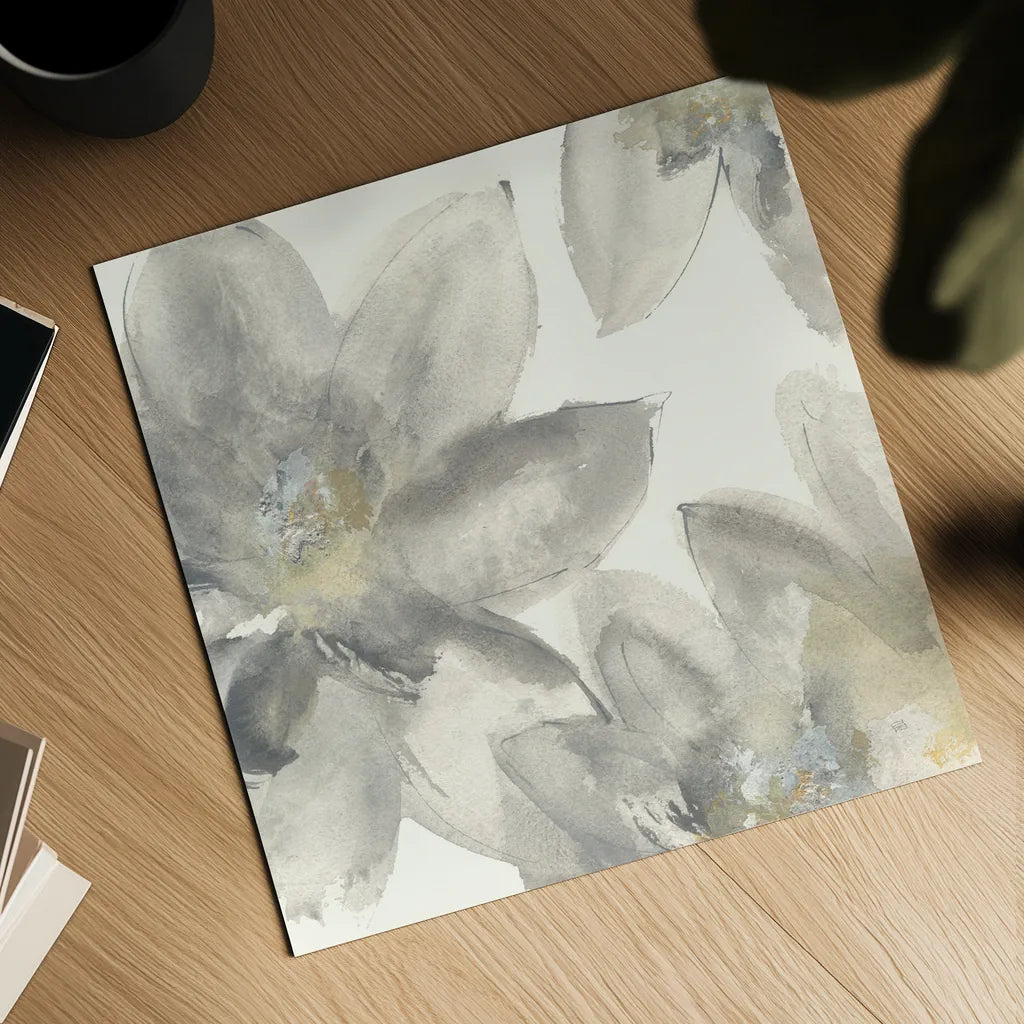 Gray and Silver Flowers I by Chris Paschke. Shown as a detailed flat fine art print, highlighting archival giclee quality. Available as an archival giclee rolled canvas, fine art paper, or poster print. SKU 33986a.