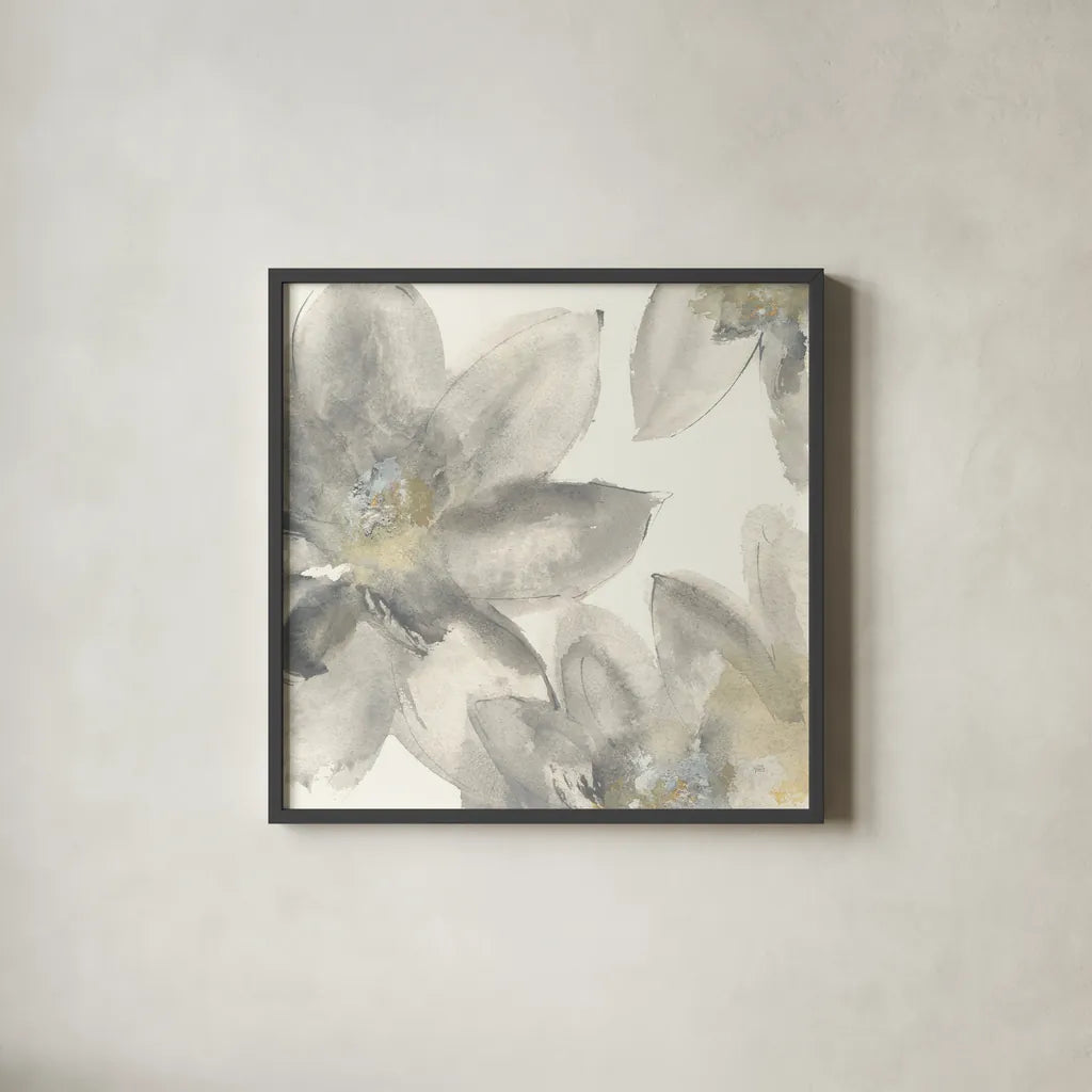 Gray and Silver Flowers I by Chris Paschke. Shown in a sleek black glass frame for a contemporary gallery look. Available as an archival giclee rolled canvas, fine art paper, or poster print. SKU 33986a.