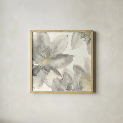 Gray and Silver Flowers I by Chris Paschke. Shown in a natural wood glass frame for a timeless modern aesthetic. Available as an archival giclee rolled canvas, fine art paper, or poster print. SKU 33986a.