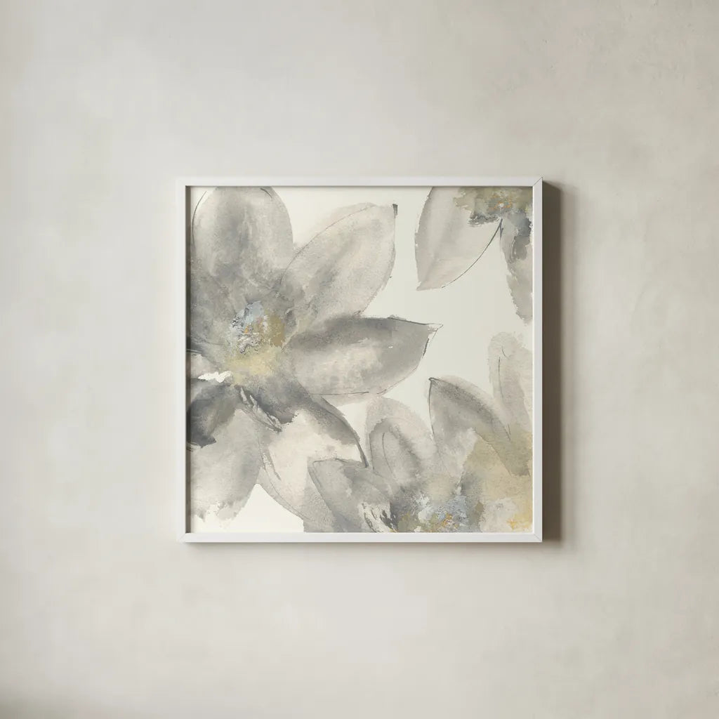 Gray and Silver Flowers I by Chris Paschke. Shown in a crisp white glass frame for a clean and minimalist style. Available as an archival giclee rolled canvas, fine art paper, or poster print. SKU 33986a.