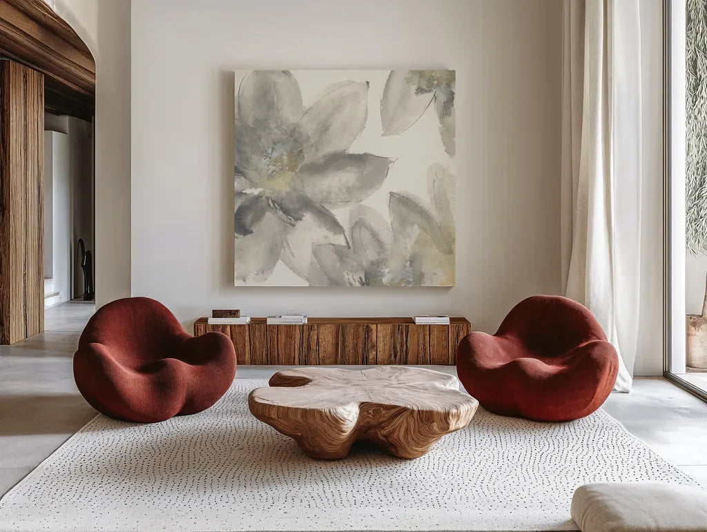 Gray and Silver Flowers I by Chris Paschke. Shown as extra-large giant wall art in a modern living room. Available as an archival giclee rolled canvas, fine art paper, or poster print. SKU 33986a.