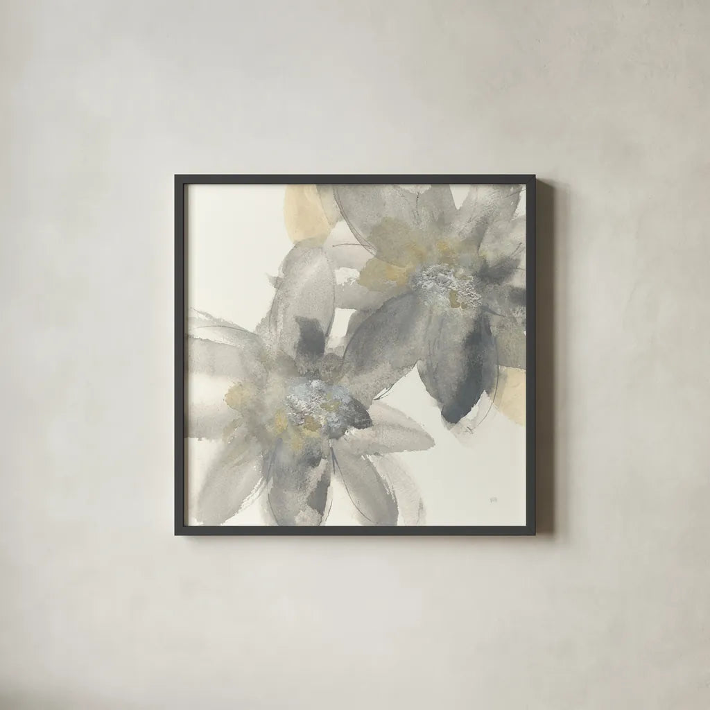 Gray and Silver Flowers II by Chris Paschke. Shown in a sleek black glass frame for a contemporary gallery look. Available as an archival giclee rolled canvas, fine art paper, or poster print. SKU 33987a.