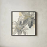 Gray and Silver Flowers II by Chris Paschke. Shown in a sleek black glass frame for a contemporary gallery look. Available as an archival giclee rolled canvas, fine art paper, or poster print. SKU 33987a.