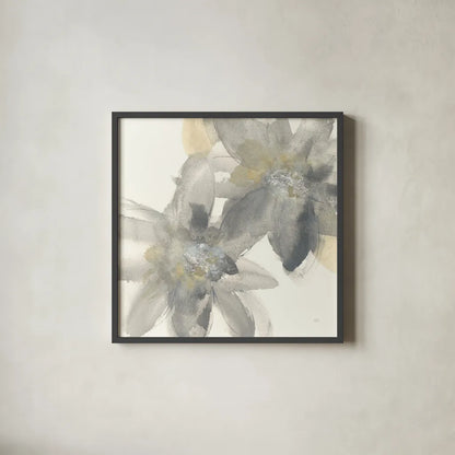 Gray and Silver Flowers II by Chris Paschke. Shown in a sleek black glass frame for a contemporary gallery look. Available as an archival giclee rolled canvas, fine art paper, or poster print. SKU 33987a.