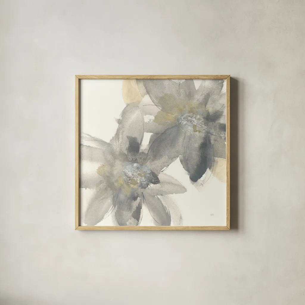 Gray and Silver Flowers II by Chris Paschke. Shown in a natural wood glass frame for a timeless modern aesthetic. Available as an archival giclee rolled canvas, fine art paper, or poster print. SKU 33987a.