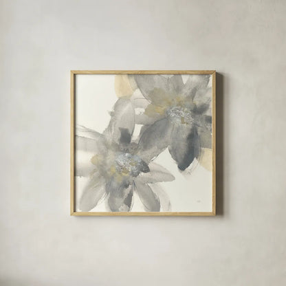 Gray and Silver Flowers II by Chris Paschke. Shown in a natural wood glass frame for a timeless modern aesthetic. Available as an archival giclee rolled canvas, fine art paper, or poster print. SKU 33987a.