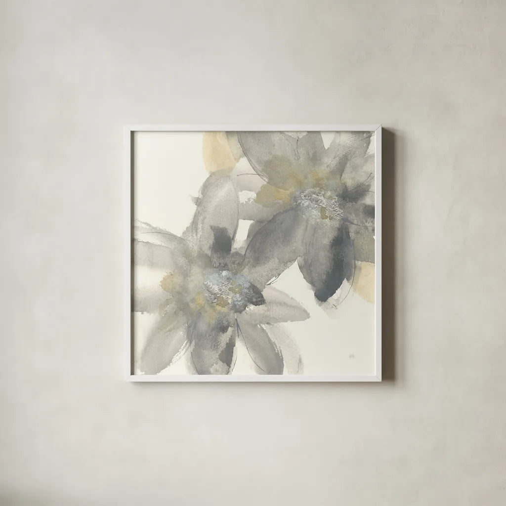 Gray and Silver Flowers II by Chris Paschke. Shown in a crisp white glass frame for a clean and minimalist style. Available as an archival giclee rolled canvas, fine art paper, or poster print. SKU 33987a.