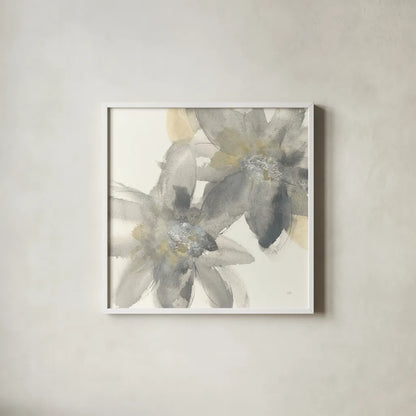 Gray and Silver Flowers II by Chris Paschke. Shown in a crisp white glass frame for a clean and minimalist style. Available as an archival giclee rolled canvas, fine art paper, or poster print. SKU 33987a.