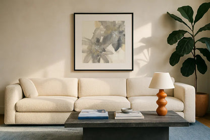 Gray and Silver Flowers II by Chris Paschke. Displayed in a glass frame with matte in a clean modern living room. Available as an archival giclee rolled canvas, fine art paper, or poster print. SKU 33987a.