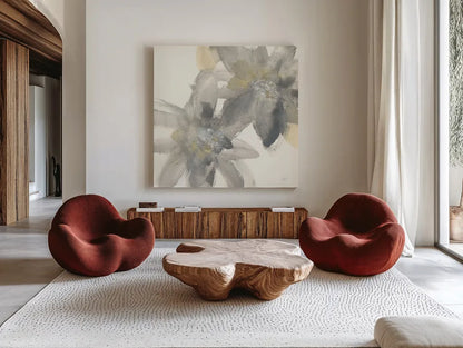 Gray and Silver Flowers II by Chris Paschke. Shown as extra-large giant wall art in a modern living room. Available as an archival giclee rolled canvas, fine art paper, or poster print. SKU 33987a.