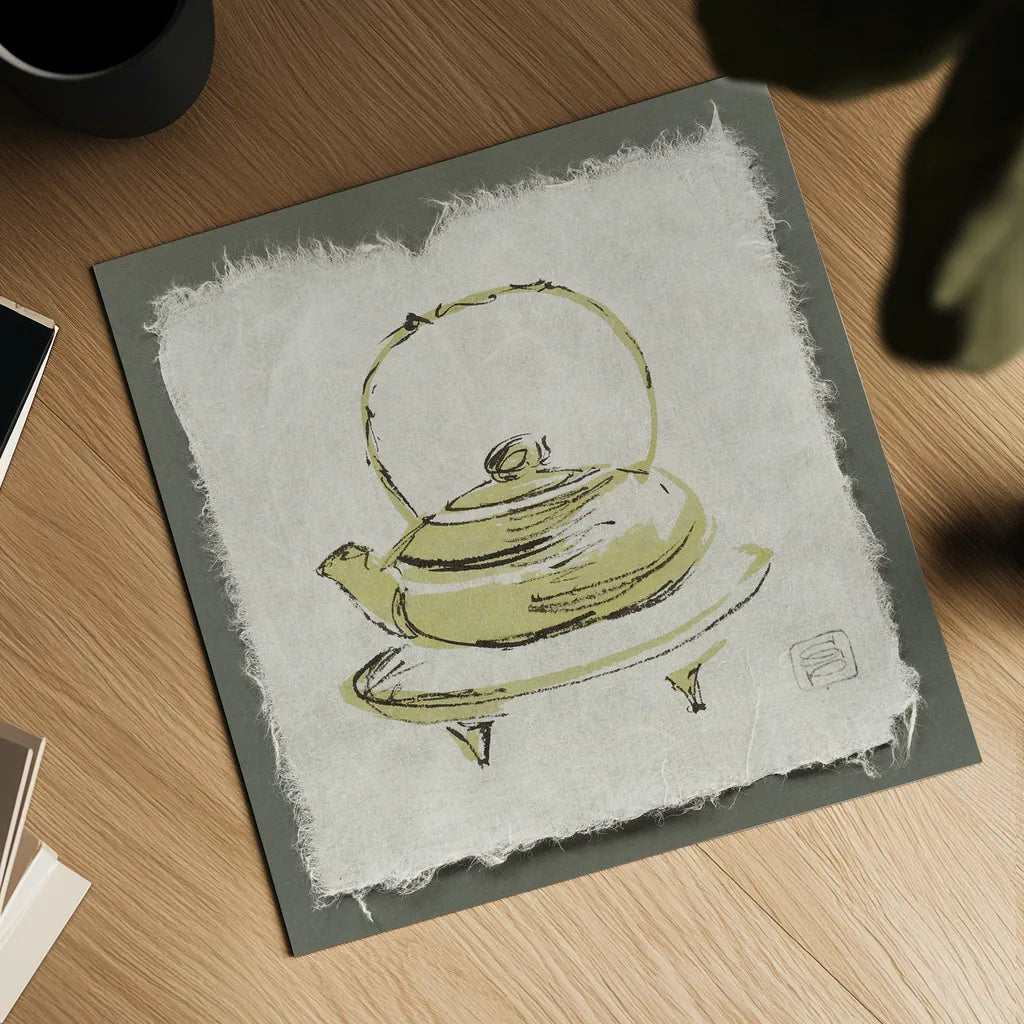 Green Teapot by Chris Paschke. Shown as a detailed flat fine art print, highlighting archival giclee quality. Available as an archival giclee rolled canvas, fine art paper, or poster print. SKU 36610a.
