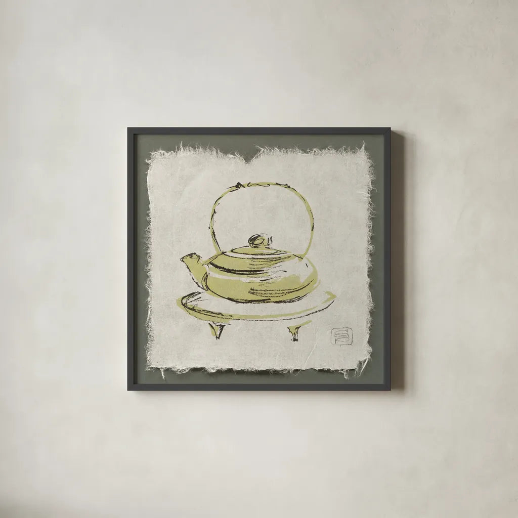 Green Teapot by Chris Paschke. Shown in a sleek black glass frame for a contemporary gallery look. Available as an archival giclee rolled canvas, fine art paper, or poster print. SKU 36610a.