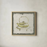 Green Teapot by Chris Paschke. Shown in a natural wood glass frame for a timeless modern aesthetic. Available as an archival giclee rolled canvas, fine art paper, or poster print. SKU 36610a.