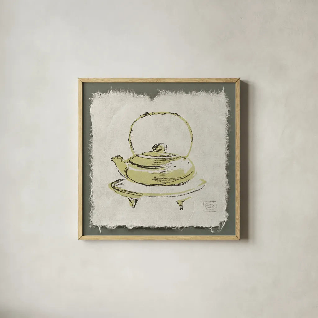 Green Teapot by Chris Paschke. Shown in a natural wood glass frame for a timeless modern aesthetic. Available as an archival giclee rolled canvas, fine art paper, or poster print. SKU 36610a.