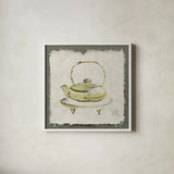 Green Teapot by Chris Paschke. Shown in a crisp white glass frame for a clean and minimalist style. Available as an archival giclee rolled canvas, fine art paper, or poster print. SKU 36610a.