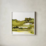 Greenscape I by Chris Paschke. Shown in a crisp white glass frame for a clean and minimalist style. Available as an archival giclee rolled canvas, fine art paper, or poster print. SKU 66750a.