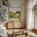 Greenscape I by Chris Paschke. Shown in a natural wood frame in a cozy modern living room. Available as an archival giclee rolled canvas, fine art paper, or poster print. SKU 66750a.