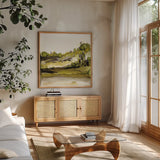 Greenscape II by Chris Paschke. Shown in a natural wood frame in a cozy modern living room. Available as an archival giclee rolled canvas, fine art paper, or poster print. SKU 66751a.