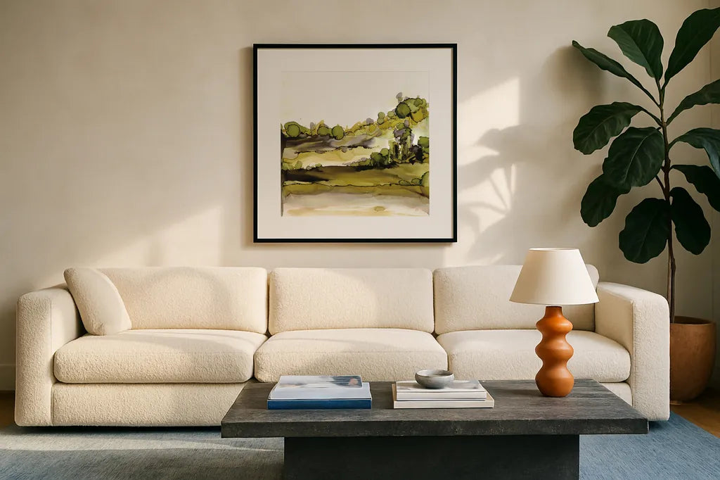 Greenscape II by Chris Paschke. Displayed in a glass frame with matte in a clean modern living room. Available as an archival giclee rolled canvas, fine art paper, or poster print. SKU 66751a.
