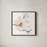 Greige Magnolias I by Chris Paschke. Shown in a sleek black glass frame for a contemporary gallery look. Available as an archival giclee rolled canvas, fine art paper, or poster print. SKU 88344a.
