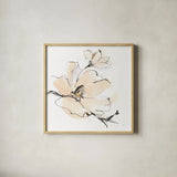 Greige Magnolias I by Chris Paschke. Shown in a natural wood glass frame for a timeless modern aesthetic. Available as an archival giclee rolled canvas, fine art paper, or poster print. SKU 88344a.