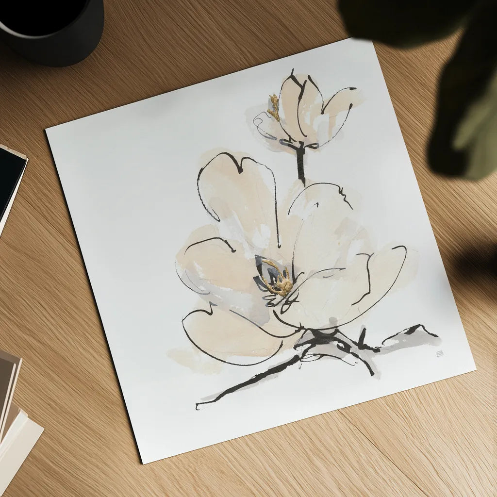 Greige Magnolias II by Chris Paschke. Shown as a detailed flat fine art print, highlighting archival giclee quality. Available as an archival giclee rolled canvas, fine art paper, or poster print. SKU 88345a.