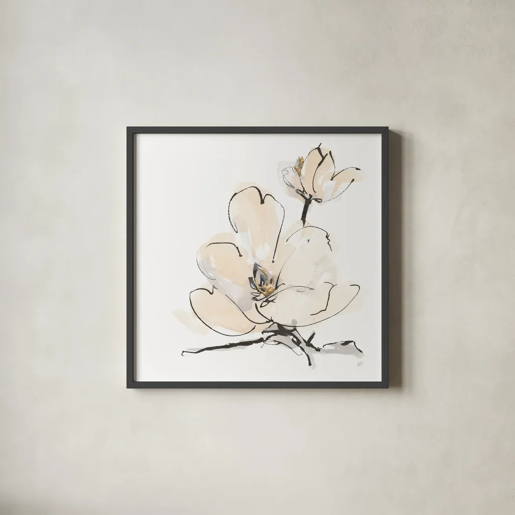 Greige Magnolias II by Chris Paschke. Shown in a sleek black glass frame for a contemporary gallery look. Available as an archival giclee rolled canvas, fine art paper, or poster print. SKU 88345a.