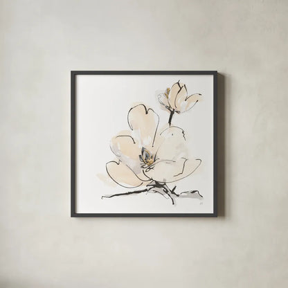 Greige Magnolias II by Chris Paschke. Shown in a sleek black glass frame for a contemporary gallery look. Available as an archival giclee rolled canvas, fine art paper, or poster print. SKU 88345a.