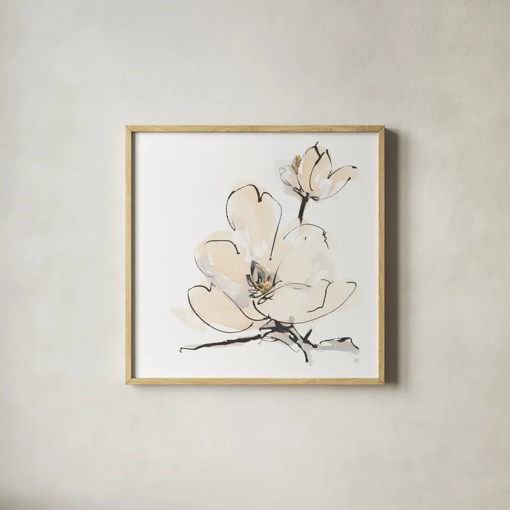 Greige Magnolias II by Chris Paschke. Shown in a natural wood glass frame for a timeless modern aesthetic. Available as an archival giclee rolled canvas, fine art paper, or poster print. SKU 88345a.