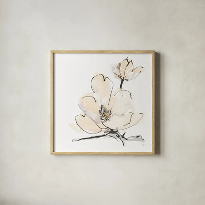 Greige Magnolias II by Chris Paschke. Shown in a natural wood glass frame for a timeless modern aesthetic. Available as an archival giclee rolled canvas, fine art paper, or poster print. SKU 88345a.
