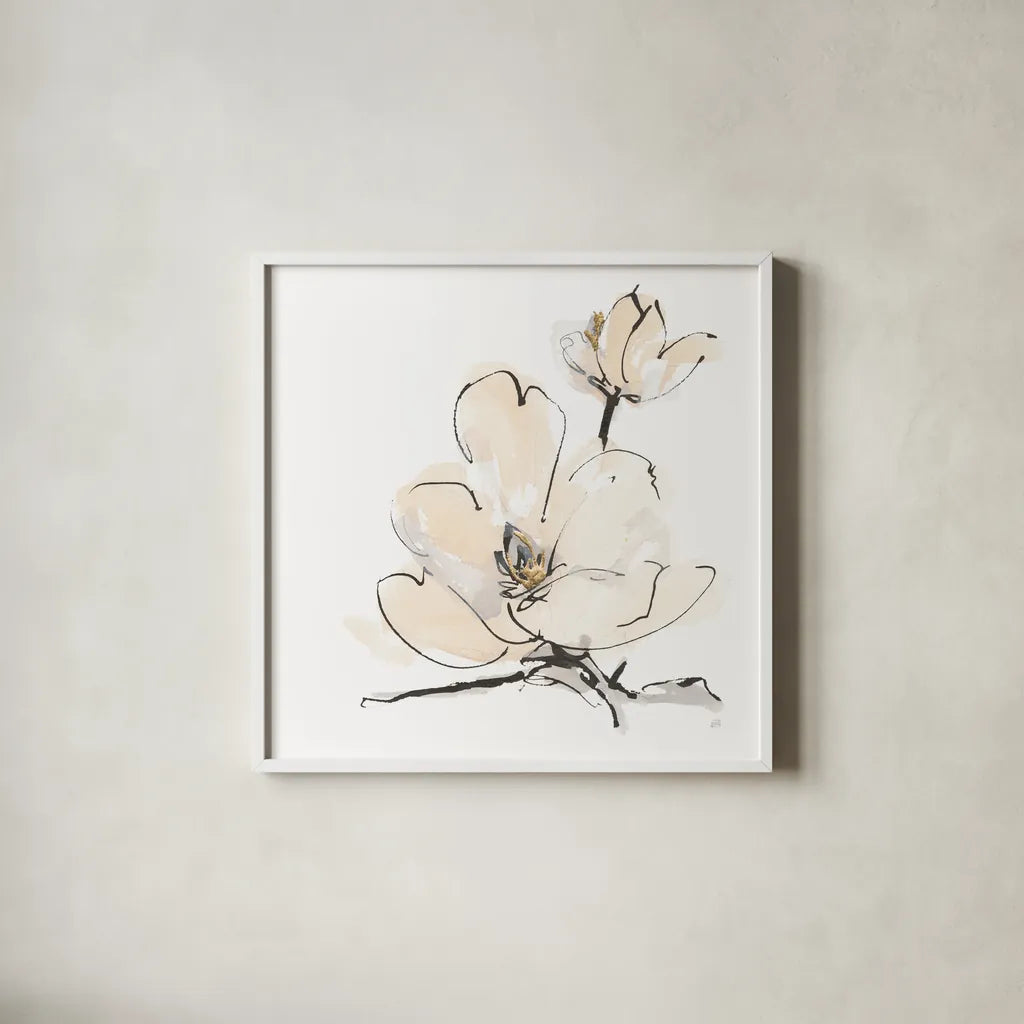 Greige Magnolias II by Chris Paschke. Shown in a crisp white glass frame for a clean and minimalist style. Available as an archival giclee rolled canvas, fine art paper, or poster print. SKU 88345a.