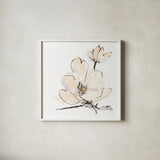 Greige Magnolias II by Chris Paschke. Shown in a crisp white glass frame for a clean and minimalist style. Available as an archival giclee rolled canvas, fine art paper, or poster print. SKU 88345a.