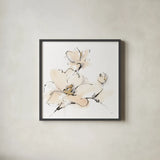 Greige Magnolias IV by Chris Paschke. Shown in a sleek black glass frame for a contemporary gallery look. Available as an archival giclee rolled canvas, fine art paper, or poster print. SKU 88347a.