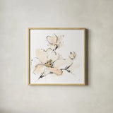 Greige Magnolias IV by Chris Paschke. Shown in a natural wood glass frame for a timeless modern aesthetic. Available as an archival giclee rolled canvas, fine art paper, or poster print. SKU 88347a.