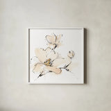Greige Magnolias IV by Chris Paschke. Shown in a crisp white glass frame for a clean and minimalist style. Available as an archival giclee rolled canvas, fine art paper, or poster print. SKU 88347a.