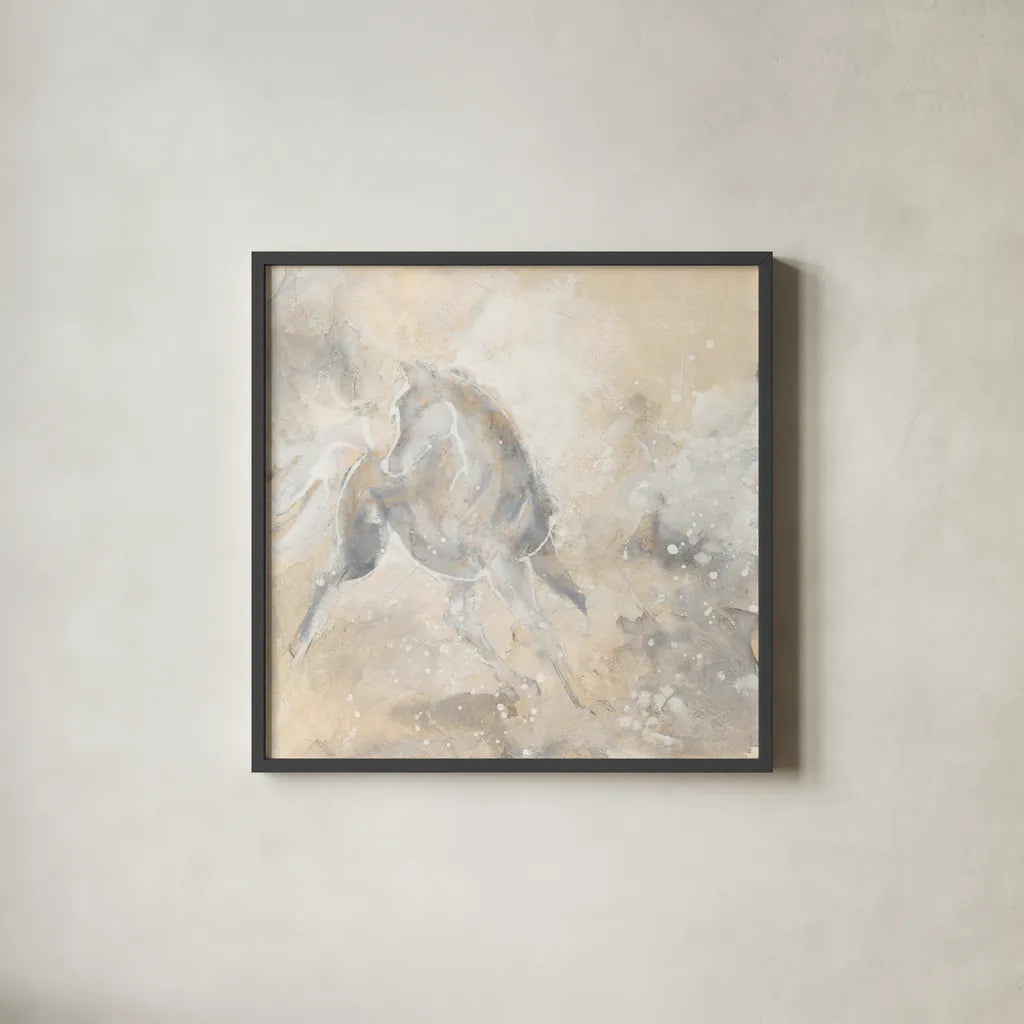 Grey Horse I by Chris Paschke. Shown in a sleek black glass frame for a contemporary gallery look. Available as an archival giclee rolled canvas, fine art paper, or poster print. SKU 37177a.