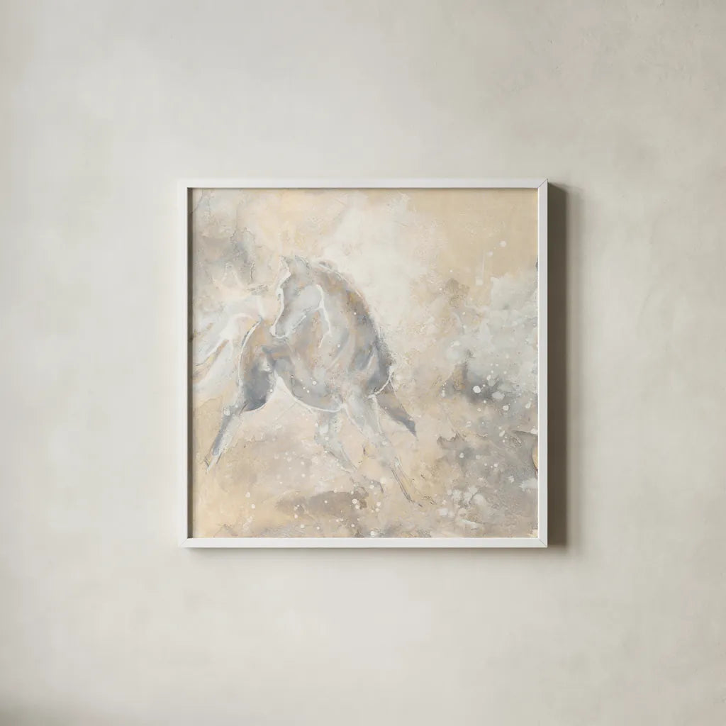 Grey Horse I by Chris Paschke. Shown in a crisp white glass frame for a clean and minimalist style. Available as an archival giclee rolled canvas, fine art paper, or poster print. SKU 37177a.