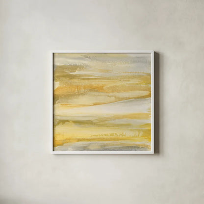 Grey and Gold by Chris Paschke. Shown in a crisp white glass frame for a clean and minimalist style. Available as an archival giclee rolled canvas, fine art paper, or poster print. SKU 19964a.