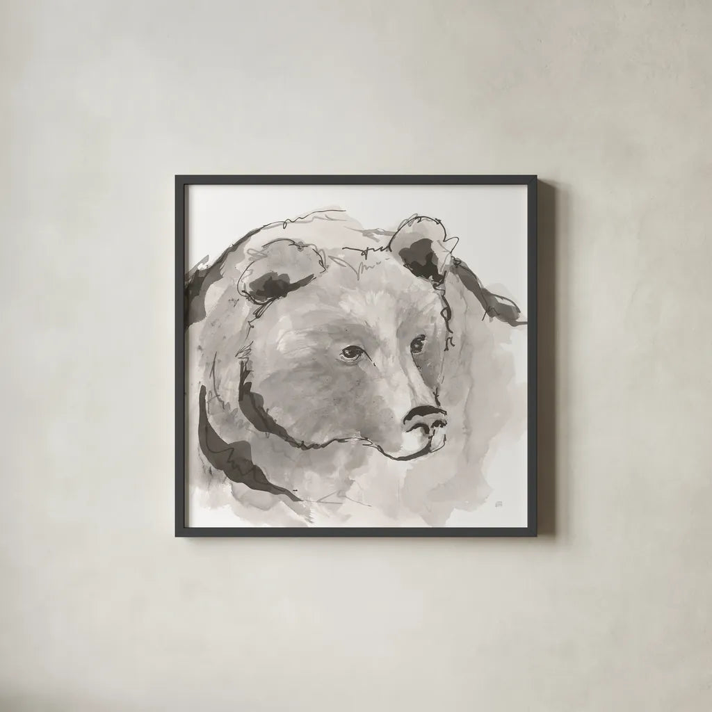 Grizzly I by Chris Paschke. Shown in a sleek black glass frame for a contemporary gallery look. Available as an archival giclee rolled canvas, fine art paper, or poster print. SKU 85512a.