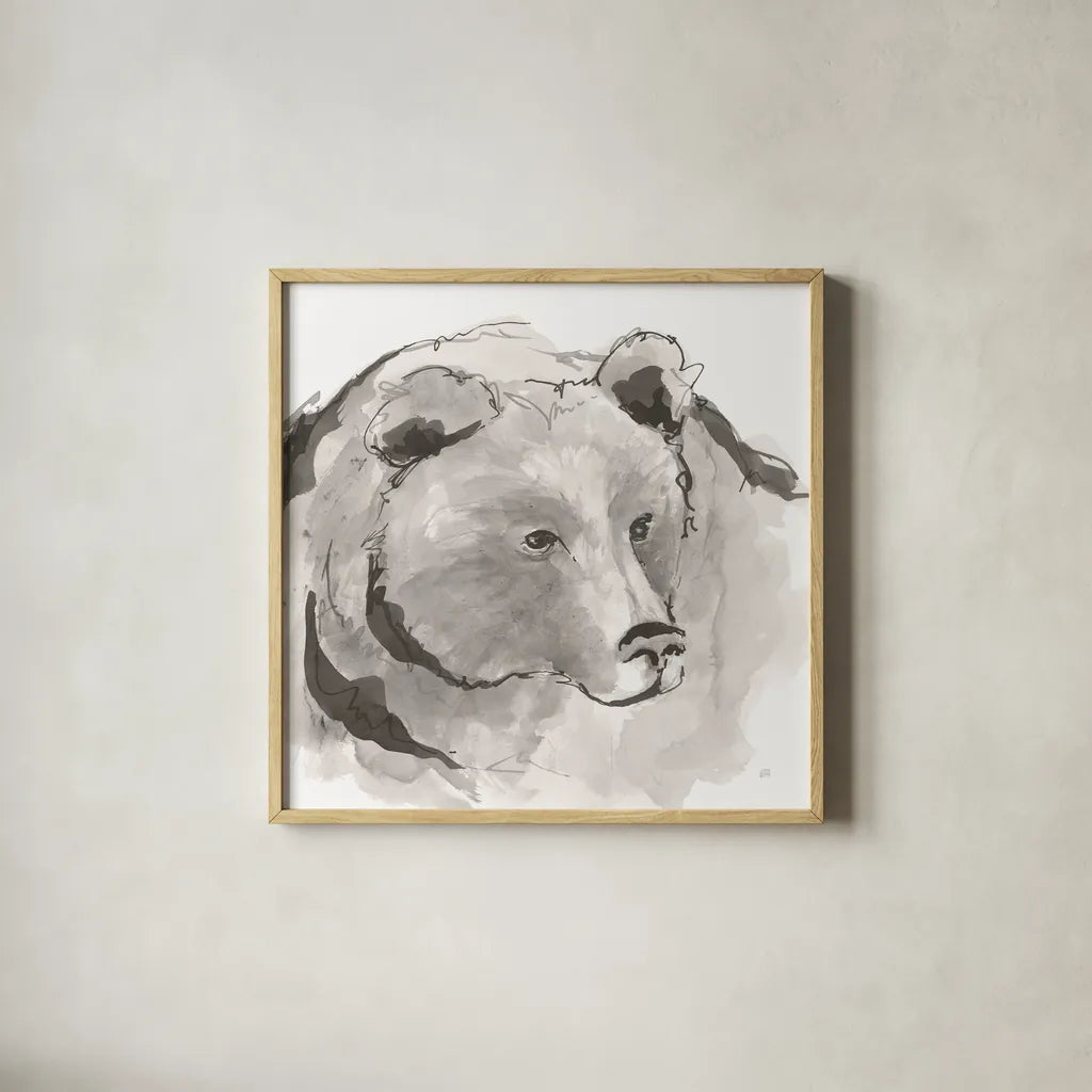 Grizzly I by Chris Paschke. Shown in a natural wood glass frame for a timeless modern aesthetic. Available as an archival giclee rolled canvas, fine art paper, or poster print. SKU 85512a.