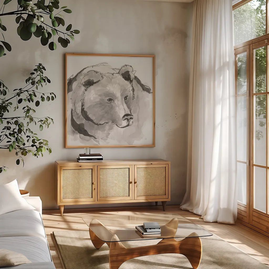 Grizzly I by Chris Paschke. Shown in a natural wood frame in a cozy modern living room. Available as an archival giclee rolled canvas, fine art paper, or poster print. SKU 85512a.
