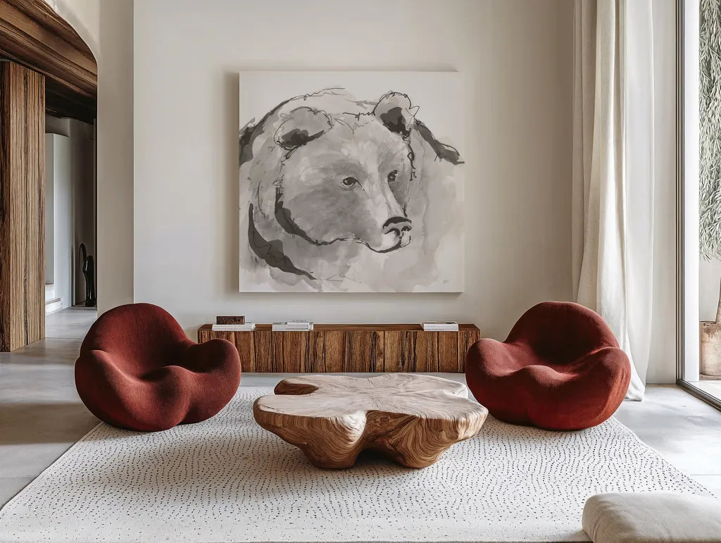 Grizzly I by Chris Paschke. Shown as extra-large giant wall art in a modern living room. Available as an archival giclee rolled canvas, fine art paper, or poster print. SKU 85512a.