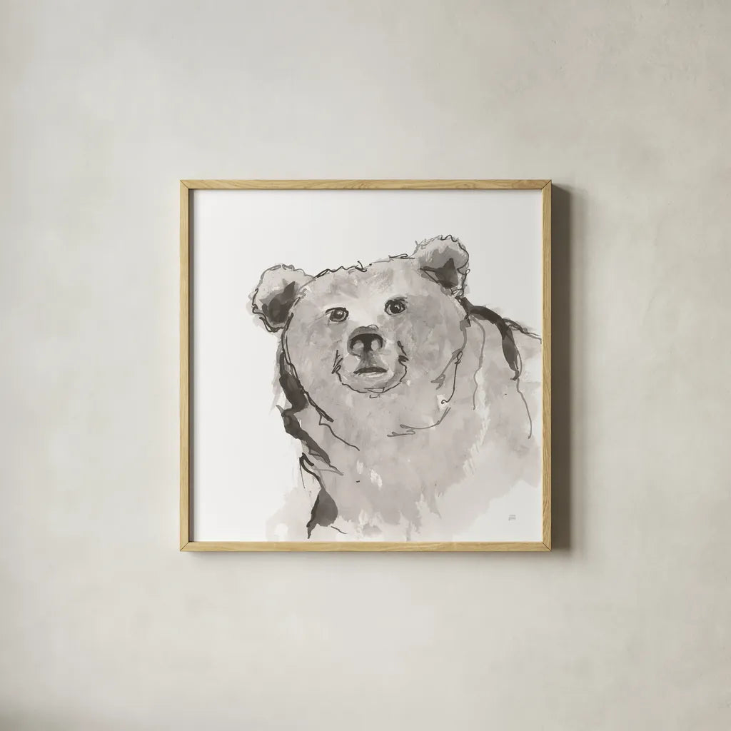 Grizzly II by Chris Paschke. Shown in a natural wood glass frame for a timeless modern aesthetic. Available as an archival giclee rolled canvas, fine art paper, or poster print. SKU 85513a.