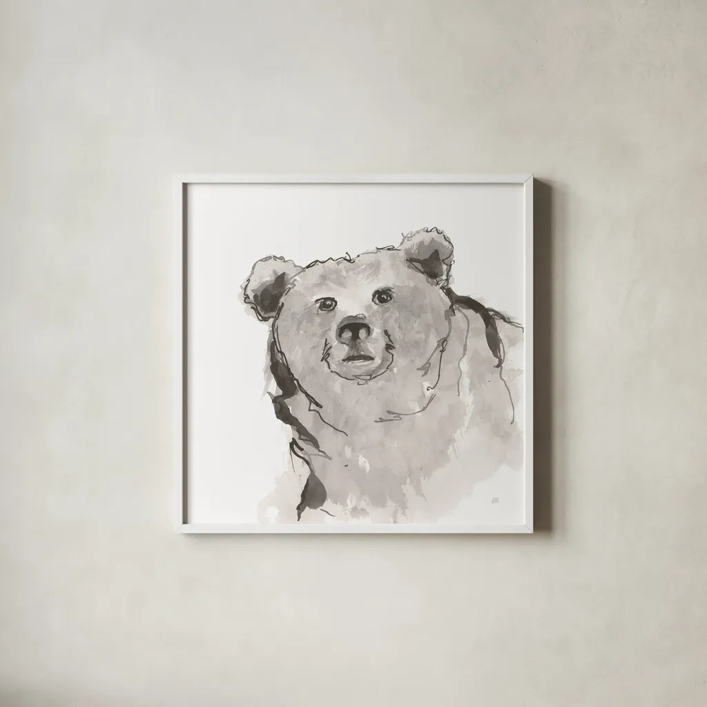 Grizzly II by Chris Paschke. Shown in a crisp white glass frame for a clean and minimalist style. Available as an archival giclee rolled canvas, fine art paper, or poster print. SKU 85513a.