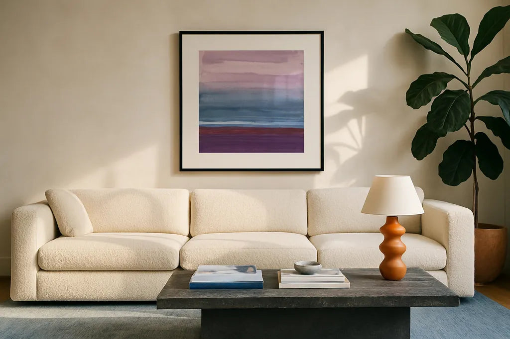 Grounded II by Chris Paschke. Displayed in a glass frame with matte in a clean modern living room. Available as an archival giclee rolled canvas, fine art paper, or poster print. SKU 24079a.